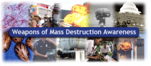 Collage of various WMD situations -- mushroom clouds, emergency personnel, HAZMAT tanker, gas masks, etc.