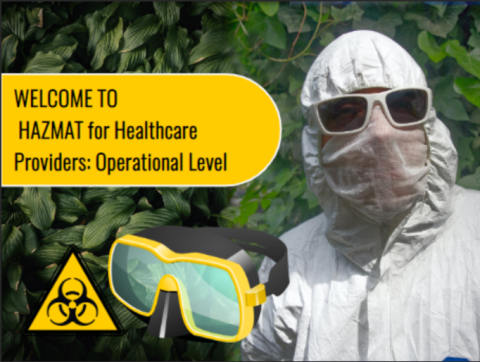 A person wearing a HAZMAT suit, sunglasses and mask outdoors, with the course title overlaid.